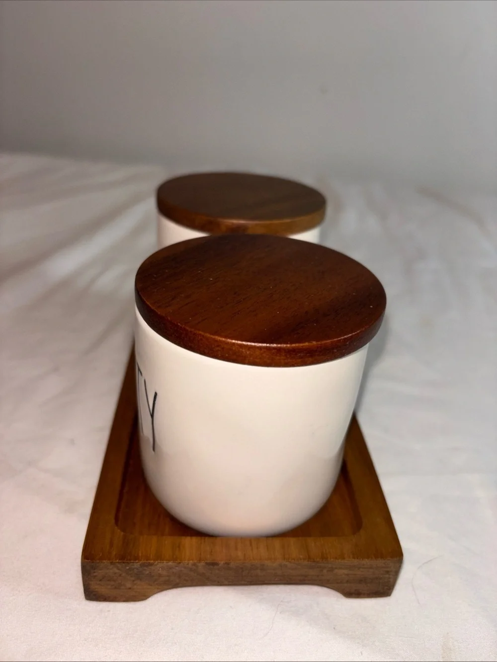 Rae Dunn  'Hello' and 'Pretty' Bathroom Storage Jars with Wooden Lids -
